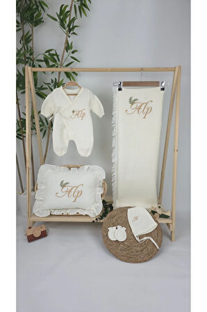 Müslin Yeni Doğan 4Katlı Organik %100Pamuk Kişiye Özgü Nakışlı Hastane Çıkış Seti-Dal Model