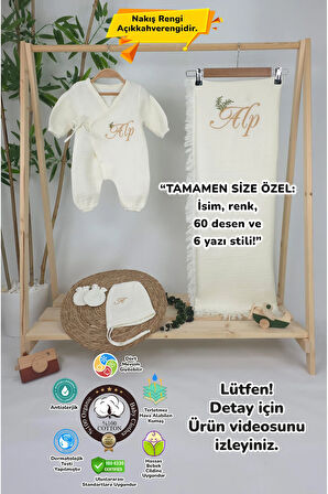 Müslin Yeni Doğan 4Katlı Organik %100Pamuk Kişiye Özgü Nakışlı Hastane Çıkış Seti-Dal Model