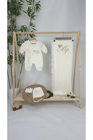 Müslin Yeni Doğan 4Katlı Organik %100Pamuk Kişiye Özgü Nakışlı Hastane Çıkış Seti-Dal Model