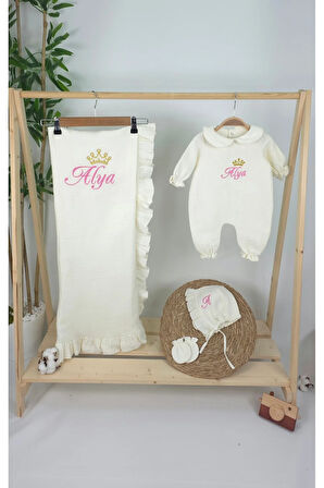 Müslin Yeni Doğan 4Katlı Organik %100Pamuk Kişiye Özgü Nakışlı Hastane Çıkış Seti-Taçlı Gold