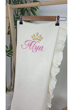 Müslin Yeni Doğan 4Katlı Organik %100Pamuk Kişiye Özgü Nakışlı Hastane Çıkış Seti-Taçlı Gold