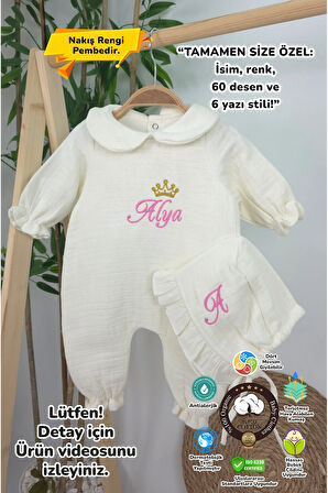 Müslin Yeni Doğan 4Katlı Organik %100Pamuk Kişiye Özgü Nakışlı Hastane Çıkış Seti-Taçlı Gold