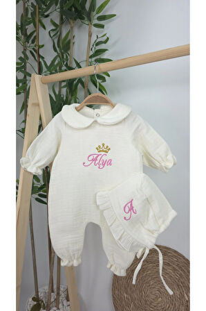 Müslin Yeni Doğan 4Katlı Organik %100Pamuk Kişiye Özgü Nakışlı Hastane Çıkış Seti-Taçlı Gold