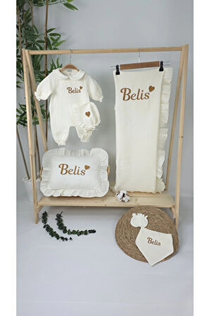 Müslin Yeni Doğan 4Katlı Organik %100Pamuk Kişiye Özgü Nakışlı Hastane Çıkış Seti-Kahverengi Kalpli
