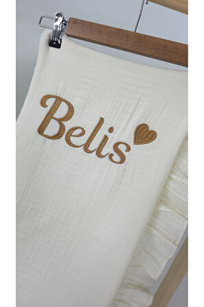 Müslin Yeni Doğan 4Katlı Organik %100Pamuk Kişiye Özgü Nakışlı Hastane Çıkış Seti-Kahverengi Kalpli