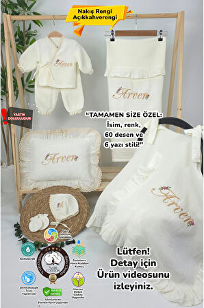 Müslin Yeni Doğan 4Katlı Organik %100Pamuk Kişiye Özgü Nakışlı Hastane Çıkış Seti-Papatya