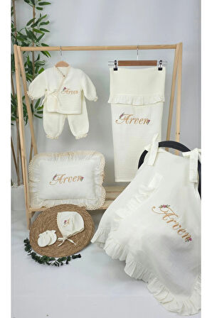 Müslin Yeni Doğan 4Katlı Organik %100Pamuk Kişiye Özgü Nakışlı Hastane Çıkış Seti-Papatya