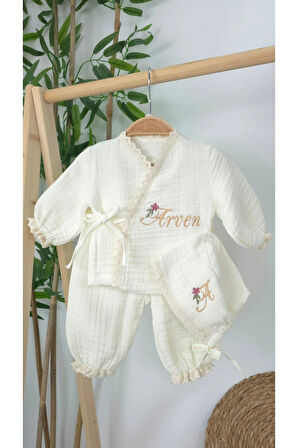 Müslin Yeni Doğan 4Katlı Organik %100Pamuk Kişiye Özgü Nakışlı Hastane Çıkış Seti-Papatya