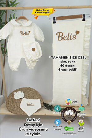 Müslin Yeni Doğan 4Katlı Organik %100Pamuk Kişiye Özgü Nakışlı Hastane Çıkış Seti-Kahverengi Kalpli