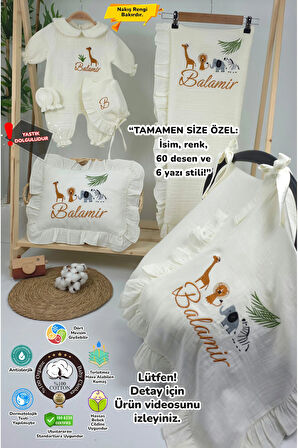 Müslin Yeni Doğan 4Katlı Organik %100Pamuk Kişiye Özgü Nakışlı Hastane Çıkış Seti-Safari Model