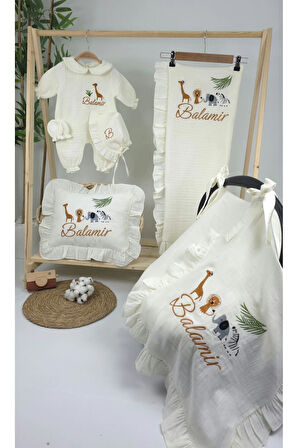 Müslin Yeni Doğan 4Katlı Organik %100Pamuk Kişiye Özgü Nakışlı Hastane Çıkış Seti-Safari Model