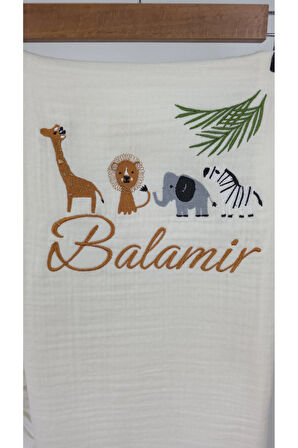 Müslin Yeni Doğan 4Katlı Organik %100Pamuk Kişiye Özgü Nakışlı Hastane Çıkış Seti-Safari Model