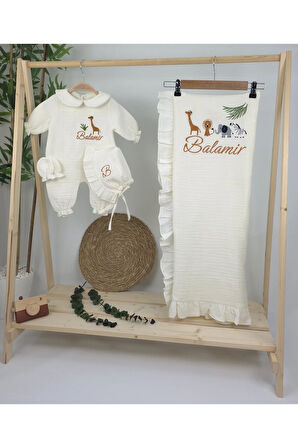Müslin Yeni Doğan 4Katlı Organik %100Pamuk Kişiye Özgü Nakışlı Hastane Çıkış Seti-Safari Model