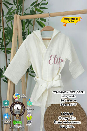 Müslin Yeni Doğan 4Katlı Organik %100Pamuk Kişiye Özgü Nakışlı Kalpli Bornoz (0-2 Yaş)