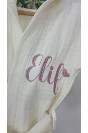 Müslin Yeni Doğan 4Katlı Organik %100Pamuk Kişiye Özgü Nakışlı Kalpli Bornoz (0-2 Yaş)