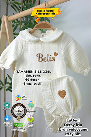 Müslin Yeni Doğan 4Katlı Organik %100Pamuk Kişiye Özgü Nakışlı Hastane Çıkış Seti-Kahverengi Kalpli