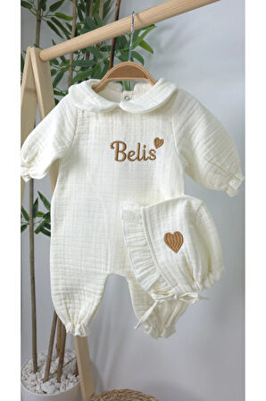 Müslin Yeni Doğan 4Katlı Organik %100Pamuk Kişiye Özgü Nakışlı Hastane Çıkış Seti-Kahverengi Kalpli