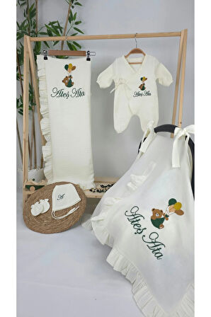 Müslin Yeni Doğan 4Katlı Organik %100Pamuk Kişiye Özgü Nakışlı Hastane Çıkış Seti-Yeşil Ayıcık Balon