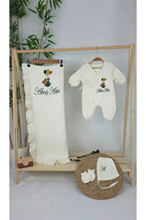 Müslin Yeni Doğan 4Katlı Organik %100Pamuk Kişiye Özgü Nakışlı Hastane Çıkış Seti-Yeşil Ayıcık Balon