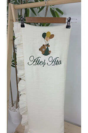 Müslin Yeni Doğan 4Katlı Organik %100Pamuk Kişiye Özgü Nakışlı Hastane Çıkış Seti-Yeşil Ayıcık Balon