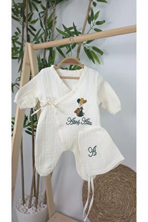 Müslin Yeni Doğan 4Katlı Organik %100Pamuk Kişiye Özgü Nakışlı Hastane Çıkış Seti-Yeşil Ayıcık Balon