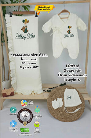 Müslin Yeni Doğan 4Katlı Organik %100Pamuk Kişiye Özgü Nakışlı Hastane Çıkış Seti-Yeşil Ayıcık Balon