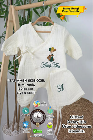 Müslin Yeni Doğan 4Katlı Organik %100Pamuk Kişiye Özgü Nakışlı Hastane Çıkış Seti-Yeşil Ayıcık Balon