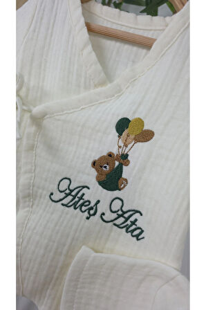 Müslin Yeni Doğan 4Katlı Organik %100Pamuk Kişiye Özgü Nakışlı Hastane Çıkış Seti-Yeşil Ayıcık Balon