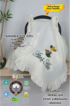 Müslin Yeni Doğan 4Katlı Organik %100Pamuk Kişiye Özgü Nakışlı Hastane Çıkış Seti-Yeşil Ayıcık Balon