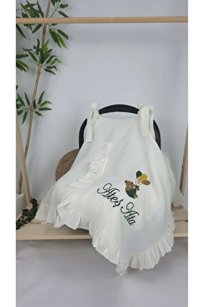 Müslin Yeni Doğan 4Katlı Organik %100Pamuk Kişiye Özgü Nakışlı Hastane Çıkış Seti-Yeşil Ayıcık Balon