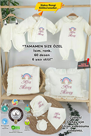 Müslin Yeni Doğan 4 Katlı Organik %100Pamuk Kişiye Özgü Nakışlı Hastane Çıkış Seti-Pudra Gökkuşağı