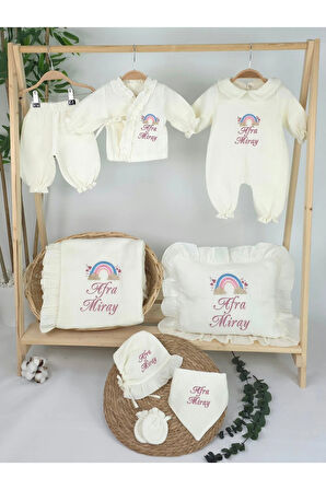 Müslin Yeni Doğan 4 Katlı Organik %100Pamuk Kişiye Özgü Nakışlı Hastane Çıkış Seti-Pudra Gökkuşağı