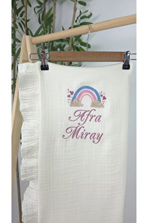 Müslin Yeni Doğan 4 Katlı Organik %100Pamuk Kişiye Özgü Nakışlı Hastane Çıkış Seti-Pudra Gökkuşağı