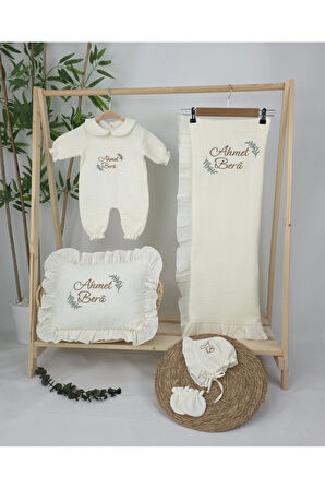 Müslin Yeni Doğan 4Katlı Organik %100Pamuk Kişiye Özgü Nakışlı Hastane Çıkış Seti (Dal Modell-2)