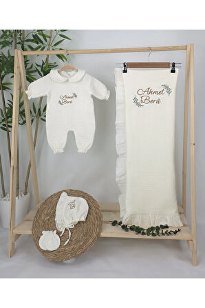 Müslin Yeni Doğan 4Katlı Organik %100Pamuk Kişiye Özgü Nakışlı Hastane Çıkış Seti (Dal Modell-2)