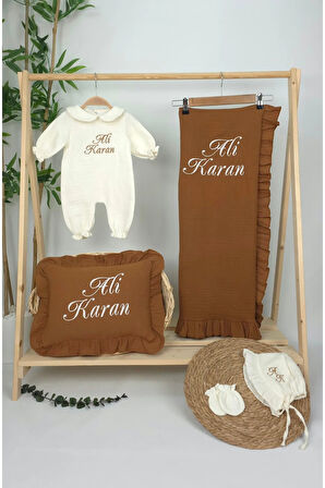 Müslin Yeni Doğan 4Katlı Organik %100Pamuk Kişiye Özgü Nakışlı Hastane Çıkış Seti (Kahverengi Set-1)