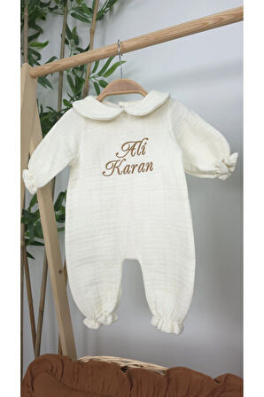 Müslin Yeni Doğan 4Katlı Organik %100Pamuk Kişiye Özgü Nakışlı Hastane Çıkış Seti (Kahverengi Set-1)