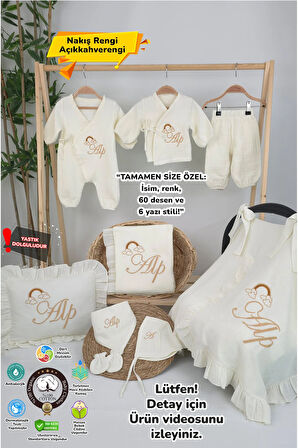 Müslin Yeni Doğan 4Katlı Organik %100Pamuk Kişiye Özgü Nakışlı Hastane Çıkış Seti (Gökkuşağı Model2)