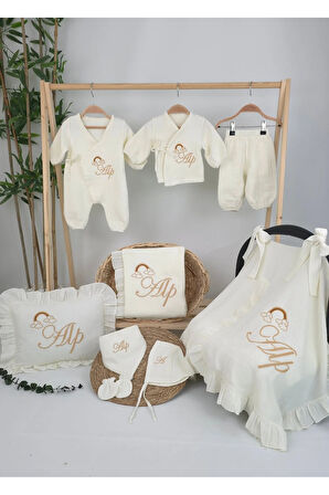 Müslin Yeni Doğan 4Katlı Organik %100Pamuk Kişiye Özgü Nakışlı Hastane Çıkış Seti (Gökkuşağı Model2)