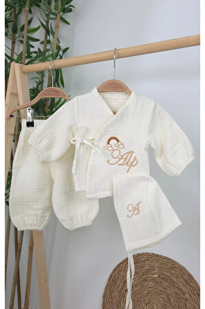 Müslin Yeni Doğan 4Katlı Organik %100Pamuk Kişiye Özgü Nakışlı Hastane Çıkış Seti (Gökkuşağı Model2)