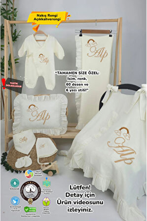 Müslin Yeni Doğan 4Katlı Organik %100Pamuk Kişiye Özgü Nakışlı Hastane Çıkış Seti (Gökkuşağı Model2)