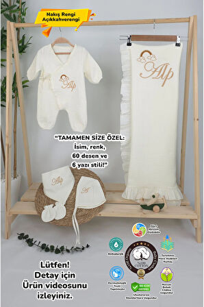 Müslin Yeni Doğan 4Katlı Organik %100Pamuk Kişiye Özgü Nakışlı Hastane Çıkış Seti (Gökkuşağı Model2)