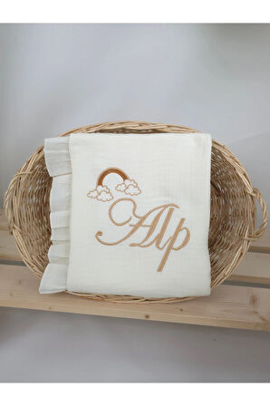 Müslin Yeni Doğan 4Katlı Organik %100Pamuk Kişiye Özgü Nakışlı Hastane Çıkış Seti (Gökkuşağı Model2)