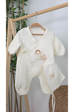 Müslin Yeni Doğan 4Katlı Organik %100Pamuk Kişiye Özgü Nakışlı Hastane Çıkış Seti (Gökkuşağı Model2)