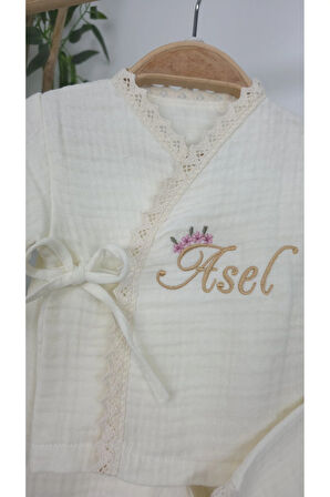 Müslin Yeni Doğan 4Katlı Organik %100Pamuk Kişiye Özgü Nakışlı Hastane Çıkış Seti (Papatya Model-2)