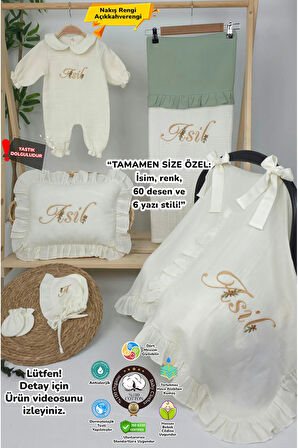Müslin Yeni Doğan 4Katlı Organik %100Pamuk Kişiye Özgü Nakışlı Hastane Çıkış Seti (Papatya Model-3)