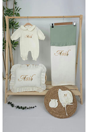 Müslin Yeni Doğan 4Katlı Organik %100Pamuk Kişiye Özgü Nakışlı Hastane Çıkış Seti (Papatya Model-3)