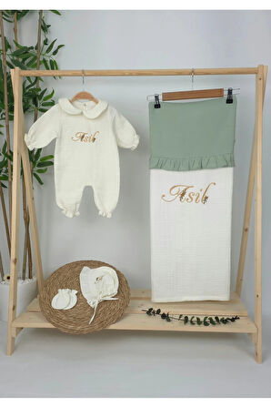 Müslin Yeni Doğan 4Katlı Organik %100Pamuk Kişiye Özgü Nakışlı Hastane Çıkış Seti (Papatya Model-3)