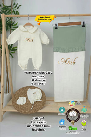 Müslin Yeni Doğan 4Katlı Organik %100Pamuk Kişiye Özgü Nakışlı Hastane Çıkış Seti (Papatya Model-3)