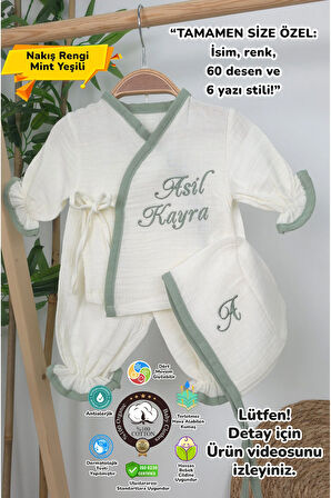 Müslin Yeni Doğan 4Katlı Organik %100Pamuk Kişiye Özgü Nakışlı Hastane Çıkış Seti (Yeşil Biyeli-1)